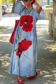 Poppy Imitation Denim Fabric Printed Bell Sleeve Pocketed Loose Maxi Dress