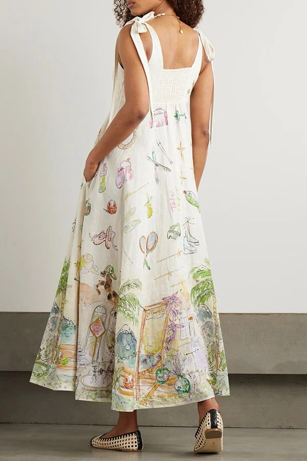 Euro Summer View Linen Blend Unique Print Tie-up Straps Pocket Midi Dress