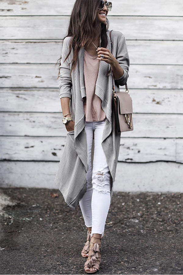 Light Grey Waffle Knit Drape Front Long Cardigan