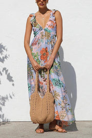 Unique Printed V-neck Ruffled Straps Pleated Back Maxi Dress