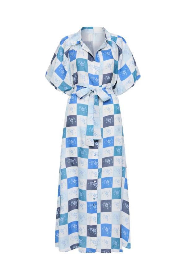 Blue Floral Tile Print Tie Waist Maxi Dress