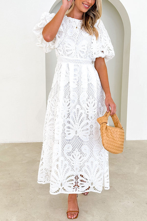 Date To Remember Crochet Lace Puff Sleeves Midi Dress