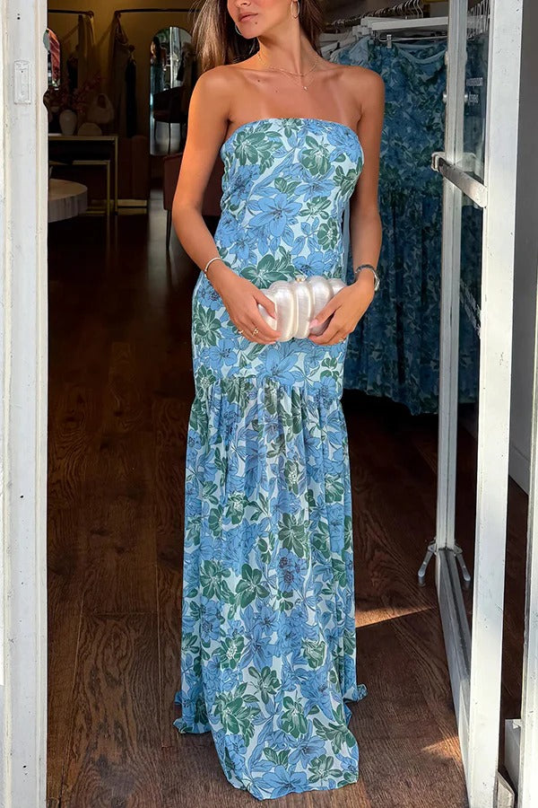 Floral Print Elegant Strapless Fitted Slit Maxi Dress