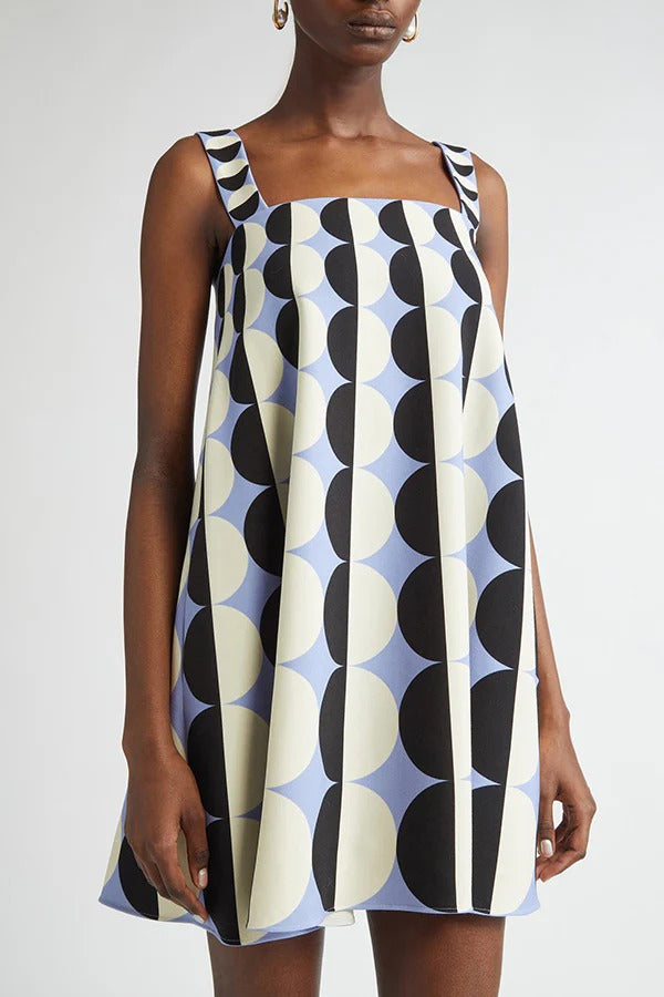 Funny Chic Geometric Circle Poka Dot Square Neck Trapeze Mini Dress
