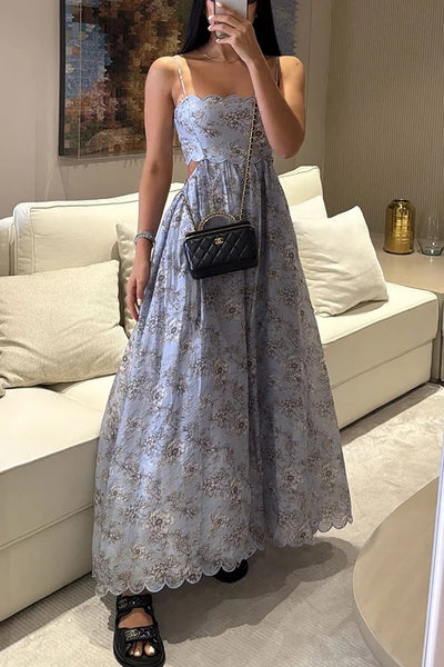 Coralie Floral Print Wavy Trim Cutout Back Smocked Maxi Dress