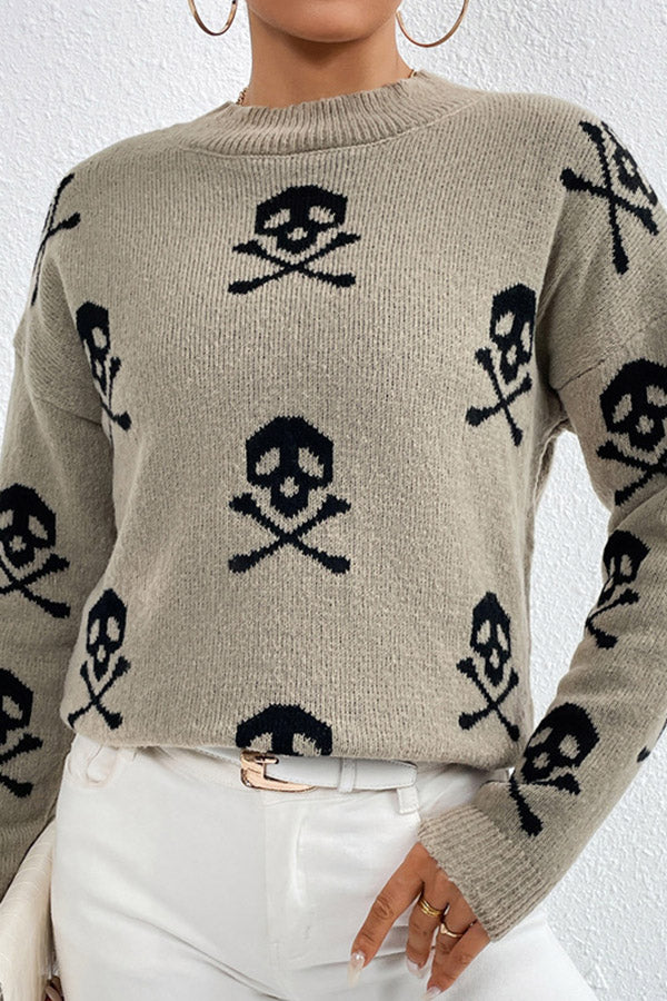 Skull jacquard crew neck pullover knitted sweater