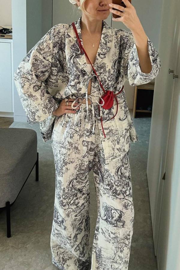 Vintage Landscape Print Tie Shirt & Wide Leg Pants 2 Piece Set