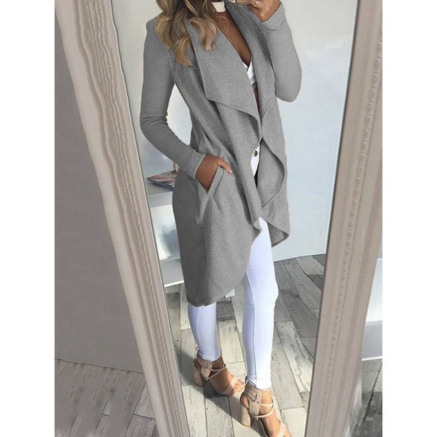 Fashion Solid Color Lapel Slim Long Windbreaker Jacket