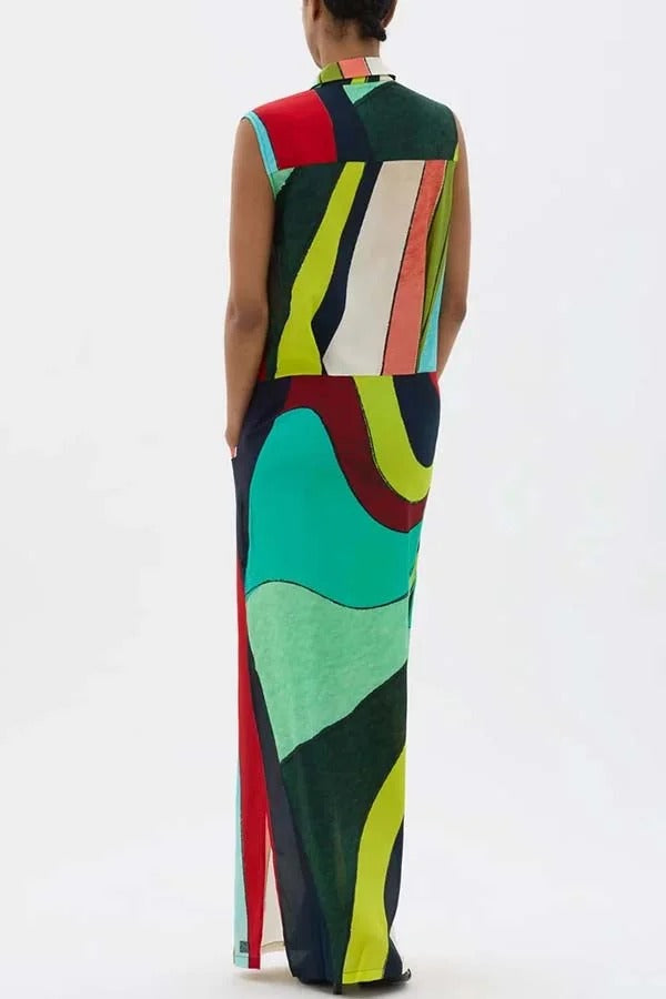 Bold and Elegant Colorful Print Button Up Pocket Shirt Slit H-line Maxi Dress