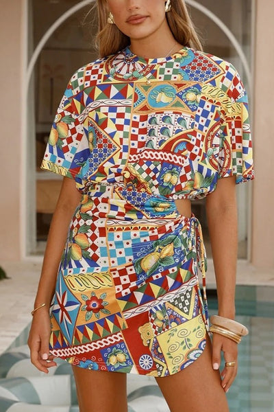 Unique Geometric Print Short Sleeve Off-Waist Tie Mini Dress