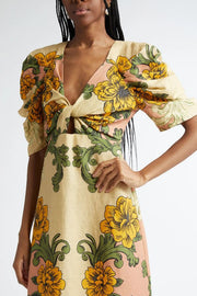 Flower Vine Linen Blend Unique Print Twist Cutout Neck Puff Sleeve Midi Dress