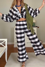 Classic Check V-Neck Top & Pants Two-Piece Set