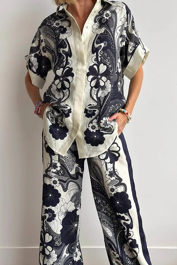 Linen Blend Lapel Short Sleeve Loose Top and Elastic Waist Casual Pocket Wide Leg Pants Set