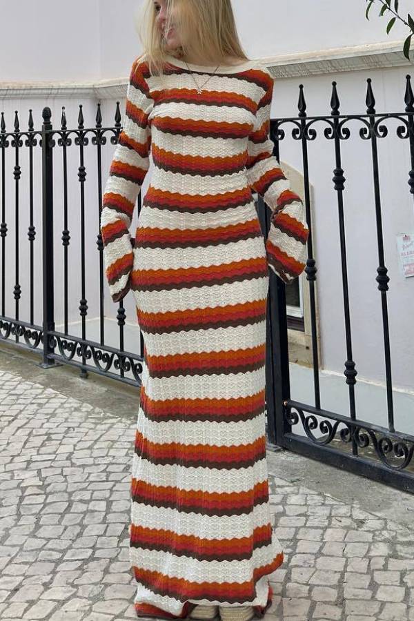 Womens Long Sleeve Crewneck Backless Striped Bodycon Sweater Dress Ribbed Knit Maxi Long Dresses