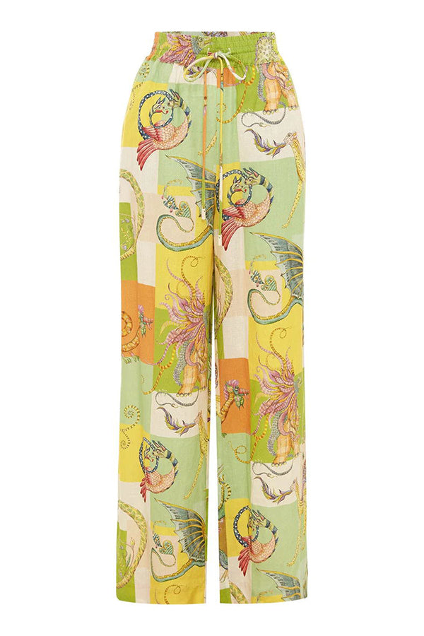 Dragon Family Linen Blend Printed Elastic Waist Pocketed Wide Leg Pants