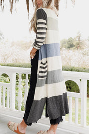 Striped Pockets Open Front Split Long Cardigan