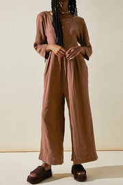 Multicolor loose round neck casual wide leg jumpsuit