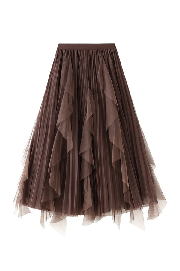 High-waisted ruffled patchwork mesh skirt