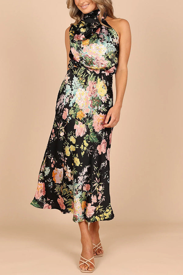 Wine Country Dates Floral Halter Neck Elastic Waist Satin Maxi Dress