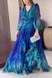 V-neck puff sleeve fitted waist printed chiffon maxi dress