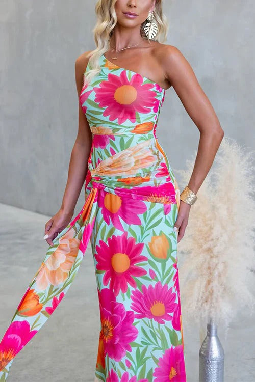 One Shoulder Sleeveless Floral Print Draped Maxi Dress