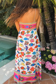 Tropical Fish Print Sling Back Pleated Holiday Maxi Dress