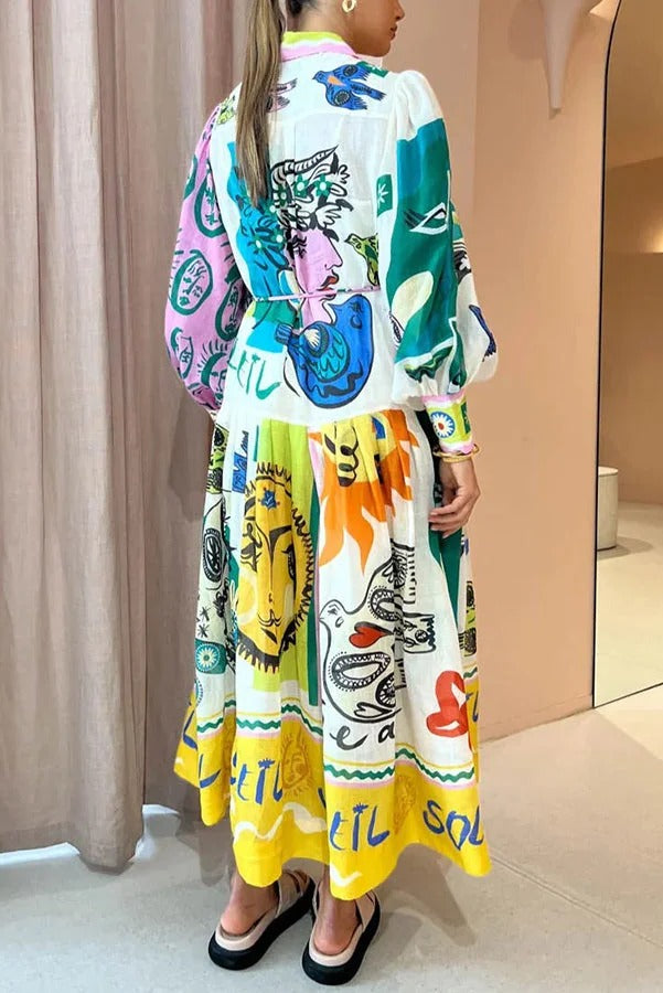 Boldness and Art Unique Print Balloon Sleeve Patchwork Shirt Midi Dress