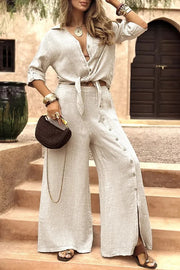 Solid Color Lapel Casual Button-down Shirt and Loose Pocket Slit Wide-leg Pants Set