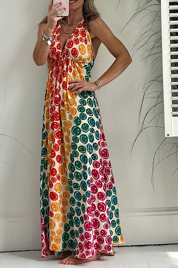 Have A Nice Day Colorful Smiley Print Halter Maxi Dress