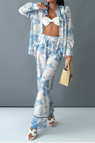 Retro Print Shirt Collar Long Sleeve Wide-Leg Pants Two-Piece Set