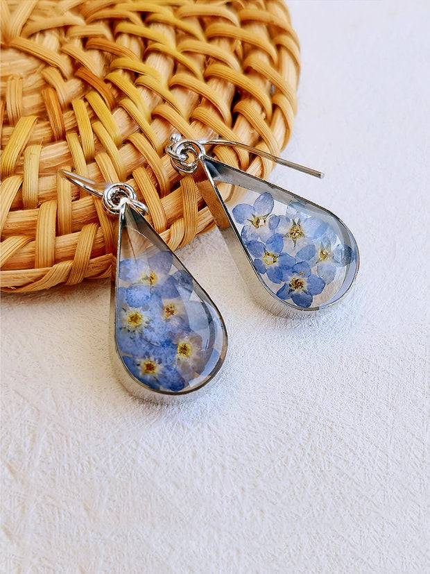 Pressed Flower Earrings - Water Drop Forget Me Not Flower