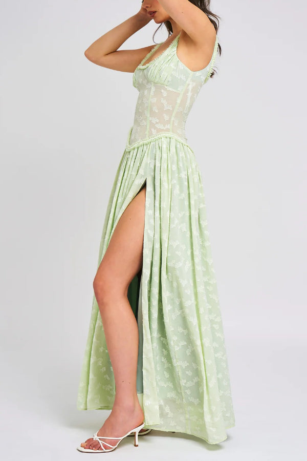 Ulissa Light Green Square Neck Jacquard Textured High Slit Maxi Dress