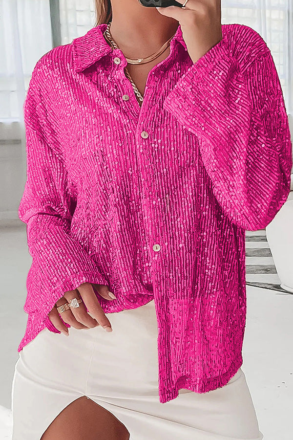 Solid color button-down long-sleeve sequined cardigan