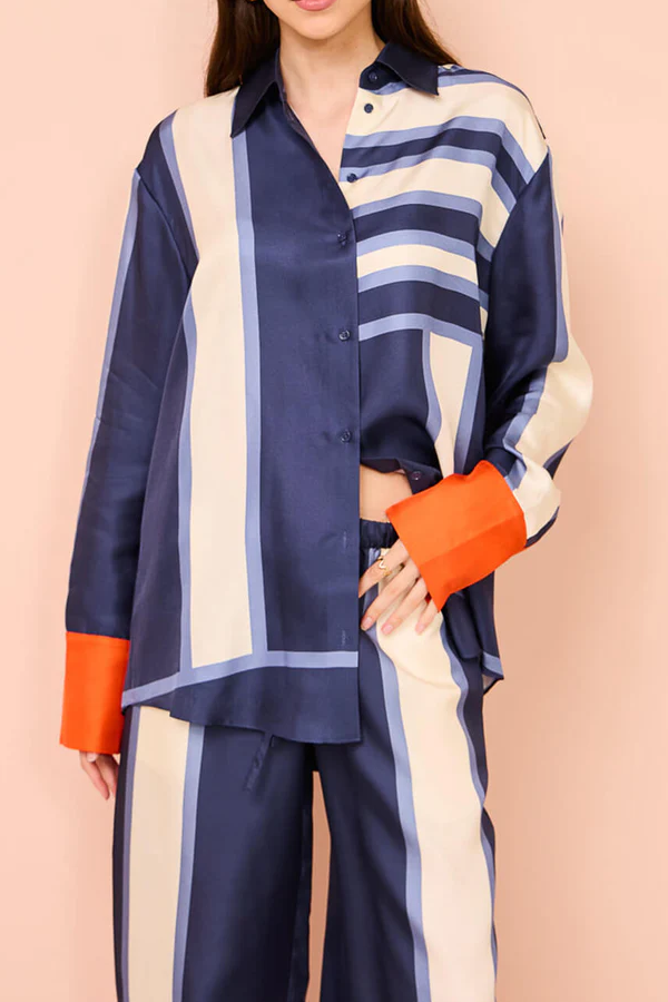 Exquisite Unique Striped Print Patchwork Kutton Oversized Blouse