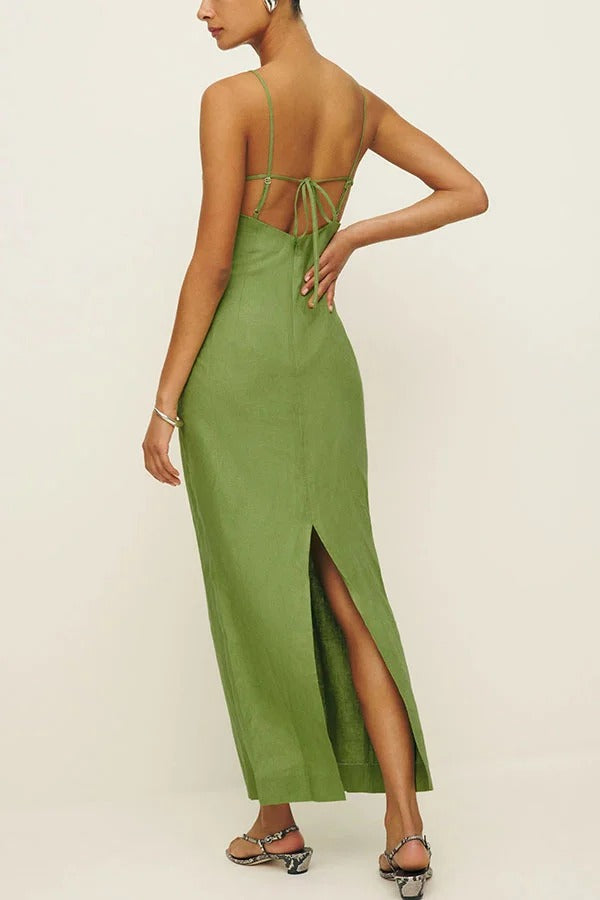 Sharyn Linen Blend Bodice Cutout Back Tie-up Slit Slip Maxi Dress