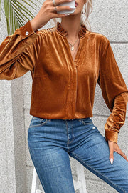 Gold Flame Frilled V Neck Velvet Blouse