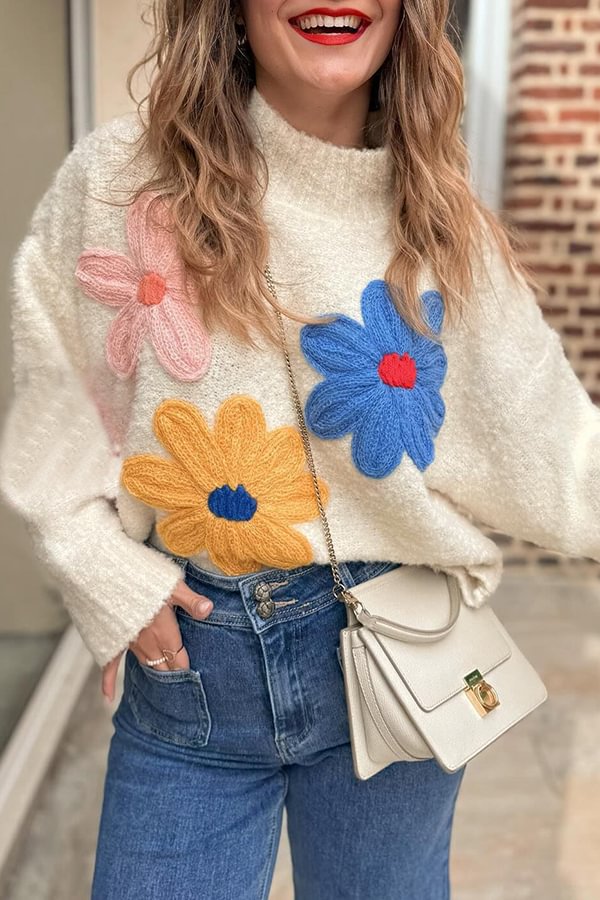 Sun Kissed Knit Colorful Floral Turtleneck Pullover Sweater