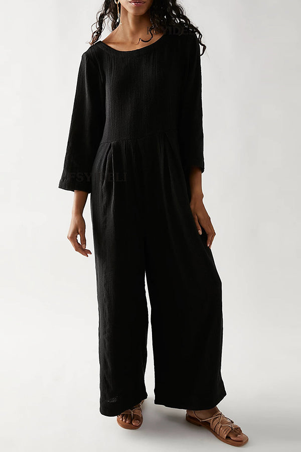 Multicolor loose round neck casual wide leg jumpsuit