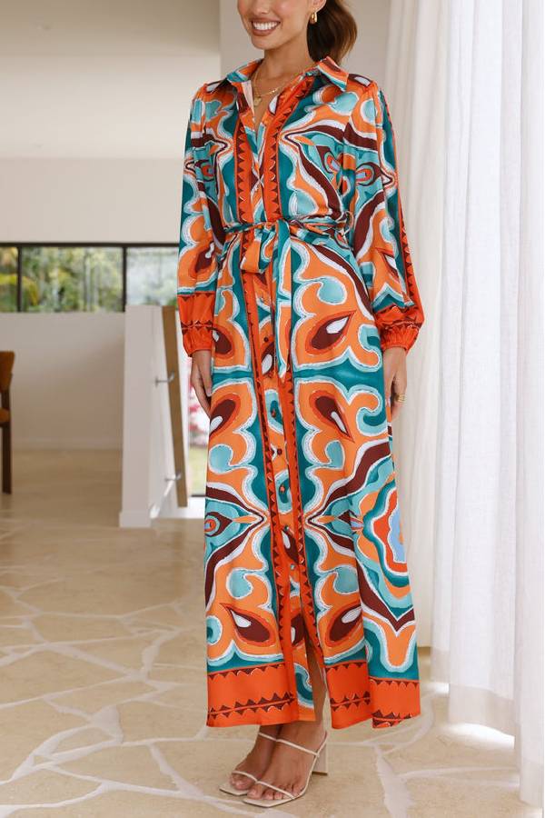 COLLARED BUTTON UP LONG BALLOON SLEEVE MAXI DRESS