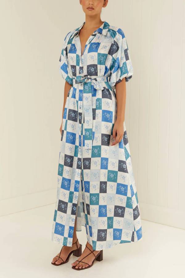 Blue Floral Tile Print Tie Waist Maxi Dress