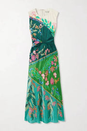 Tropical Flower Twisted Waist Sleeveless Satin Maxi Dress