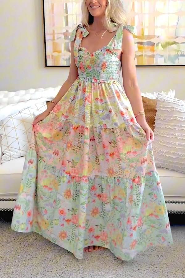 Fresh Floral Shirred Tie-Strap Maxi Dress for Beach Vacation & Garden Parties