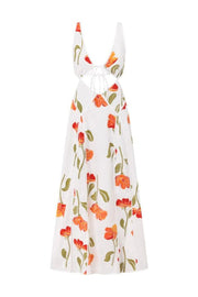 Eliska Linen Blend Poppy Print Cutout Contrast Trim A-line Maxi Dress