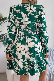 Floral print deep V long sleeve fitted waist ruffle dress