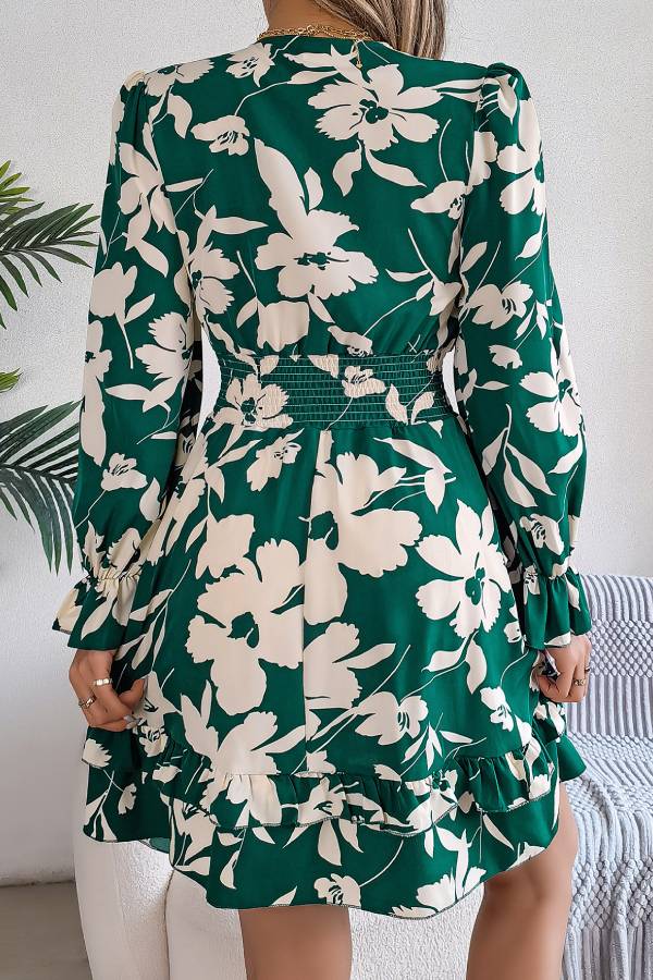 Floral print deep V long sleeve fitted waist ruffle dress