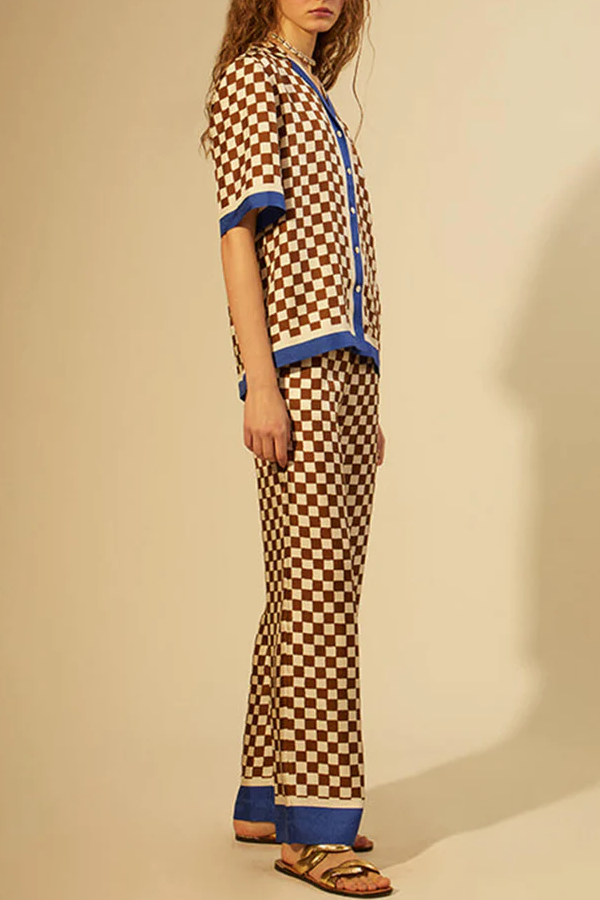 Unique Checkerboard Print Blue Stripe Splicing Loose Elastic Pants