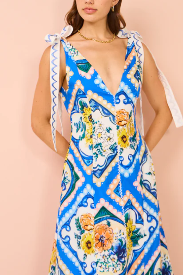 Tie Shoulder Maxi Dress In Azure Floral