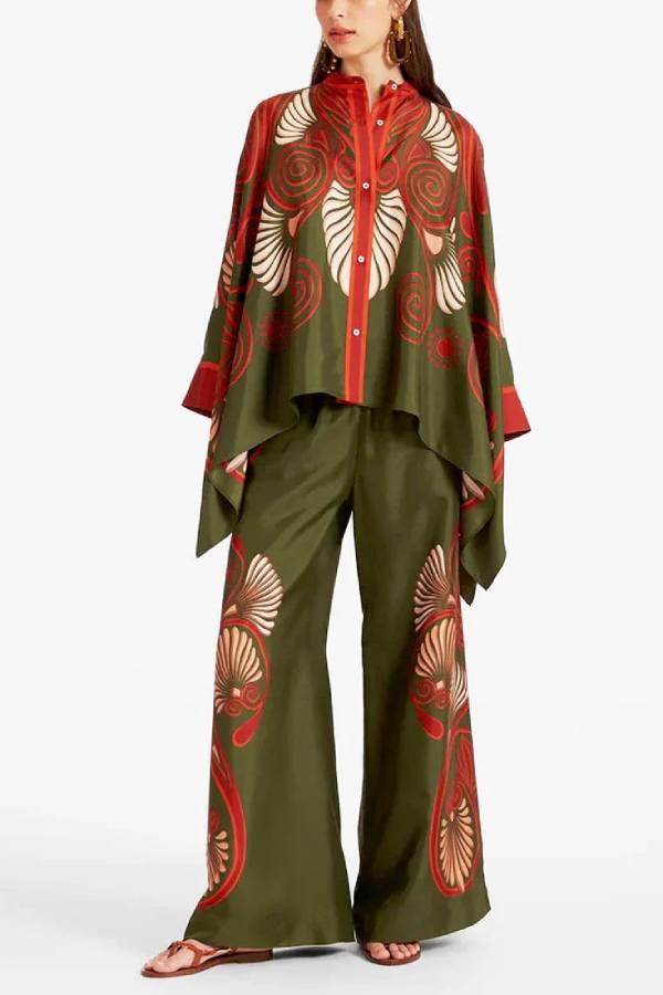 Fine Satin Floral Print Batwing Sleeve Pants Set - Dark green