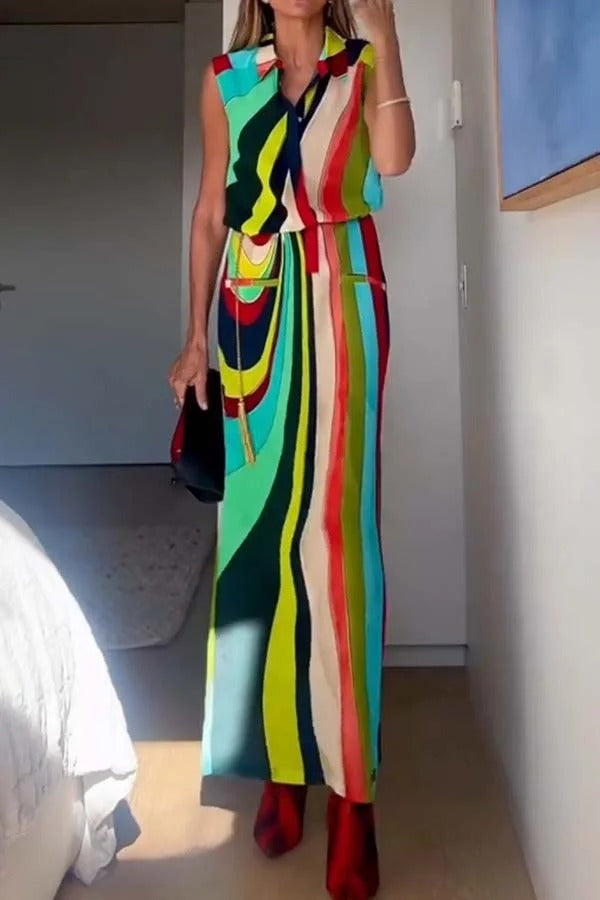 Bold and Elegant Colorful Print Button Up Pocket Shirt Slit H-line Maxi Dress