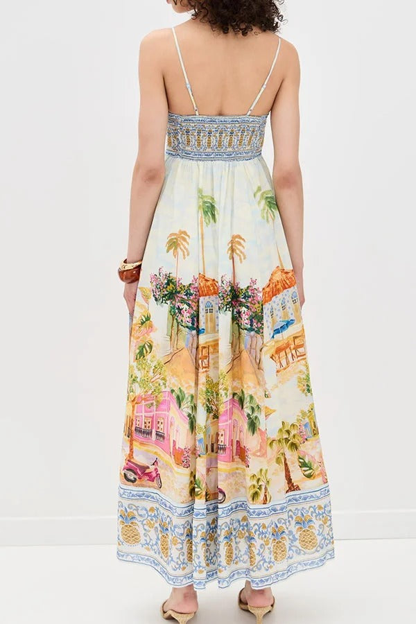 Aracati Multicolor Unique Print Back Smocked Pocket Maxi Dress
